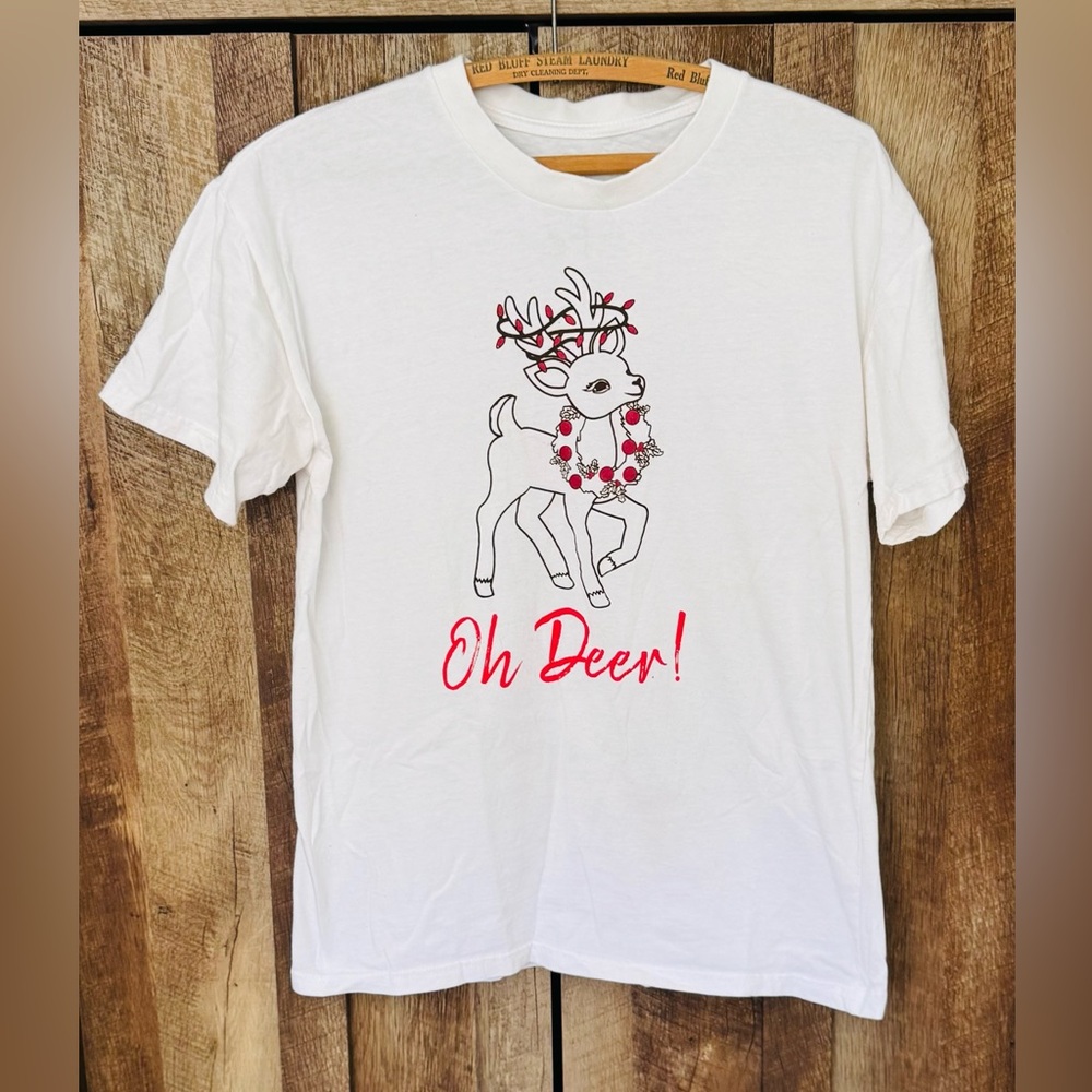 White T-Shirt with Reindeer Print, Woman’s Size M